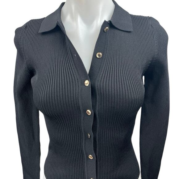 SER.O.YA Black Ribbed Button Up Collar Long Sleeve Polo Sweater Bodysuit Top XS - Picture 3 of 5